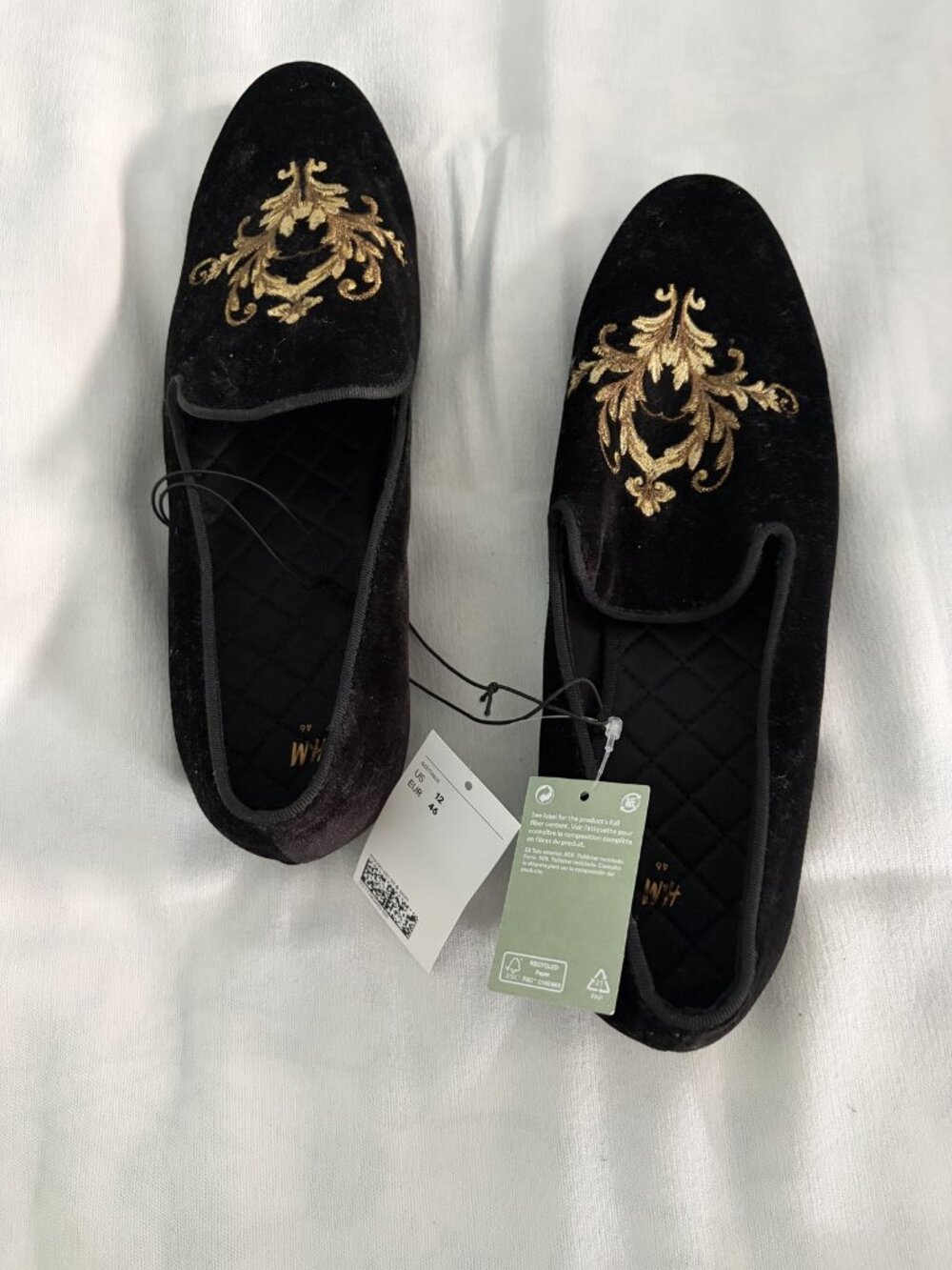 H&M Men's 12 Black Velvet Loafers Gold Embroidered Slip-On NWT